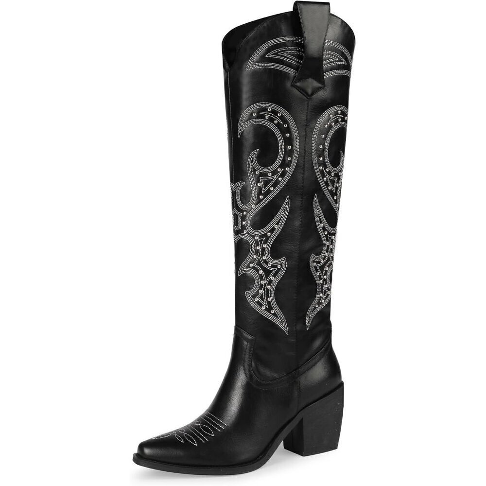 🆕Wetkiss Cowgirl Boots Women Black Faux Leather Knee High Comfort Fashion Boots